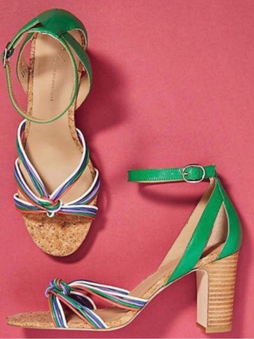 Anthropologie Green Summer Nights -SZ 7.5- Multicolor Strappy Heeled Sandals